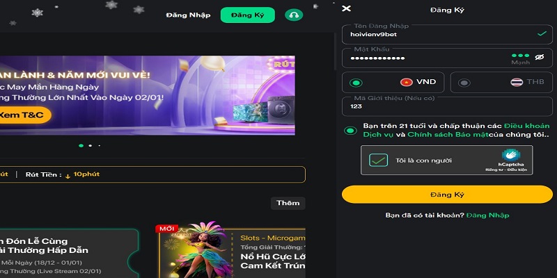 Giao diện đăng ký V9BET